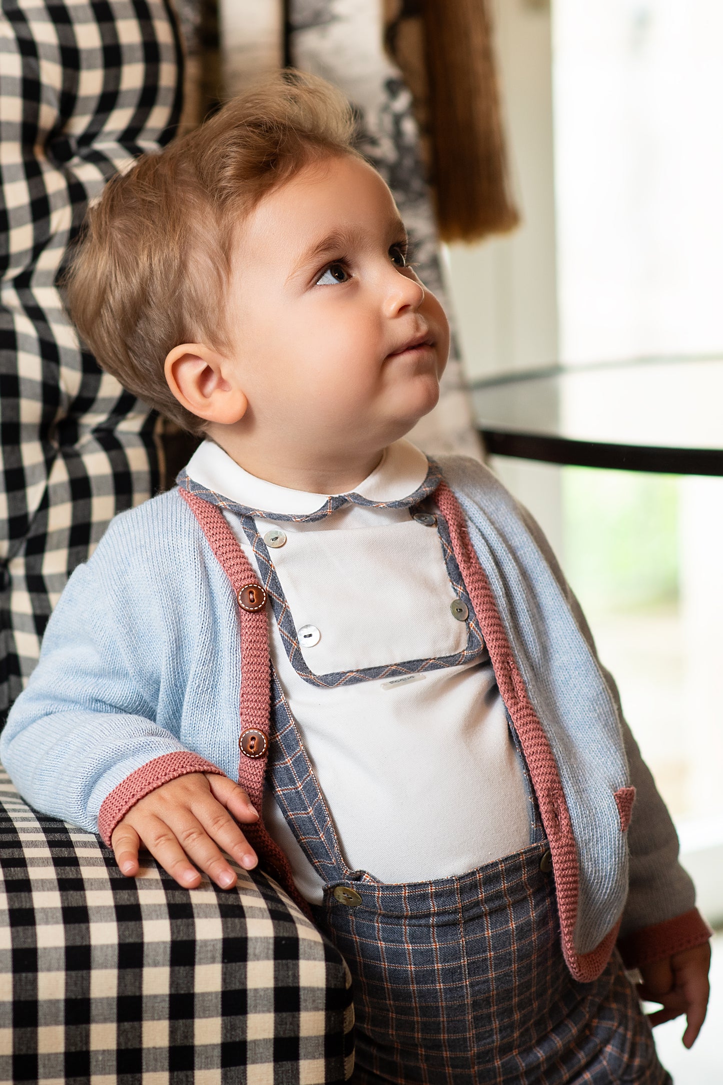 FOQUE Arcilla Grey Check Boys Short Set with Cardigan - 4212