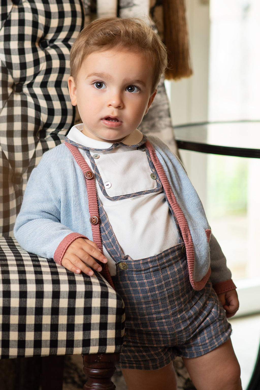 AW24 FOQUE Arcilla Grey Check Boys Short Set with Cardigan - CLEARANCE SALE