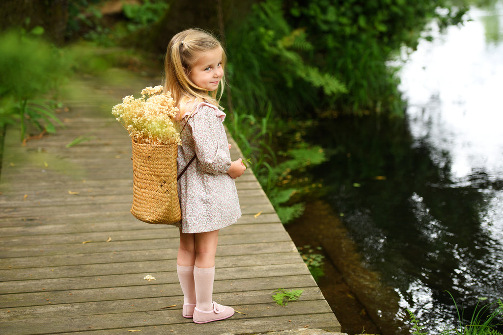 AW25 FOQUE Ladera Girls Pink Floral A-Line Dress with Knitted Shawl Collar