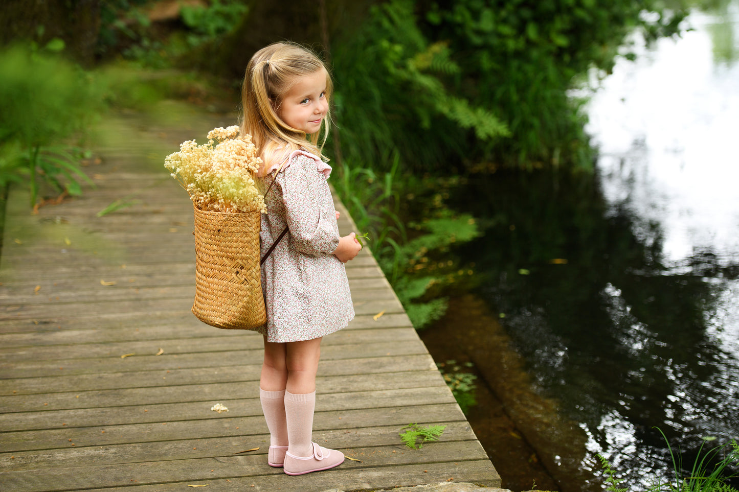 AW25 FOQUE Ladera Girls Pink Floral A-Line Dress with Knitted Shawl Collar