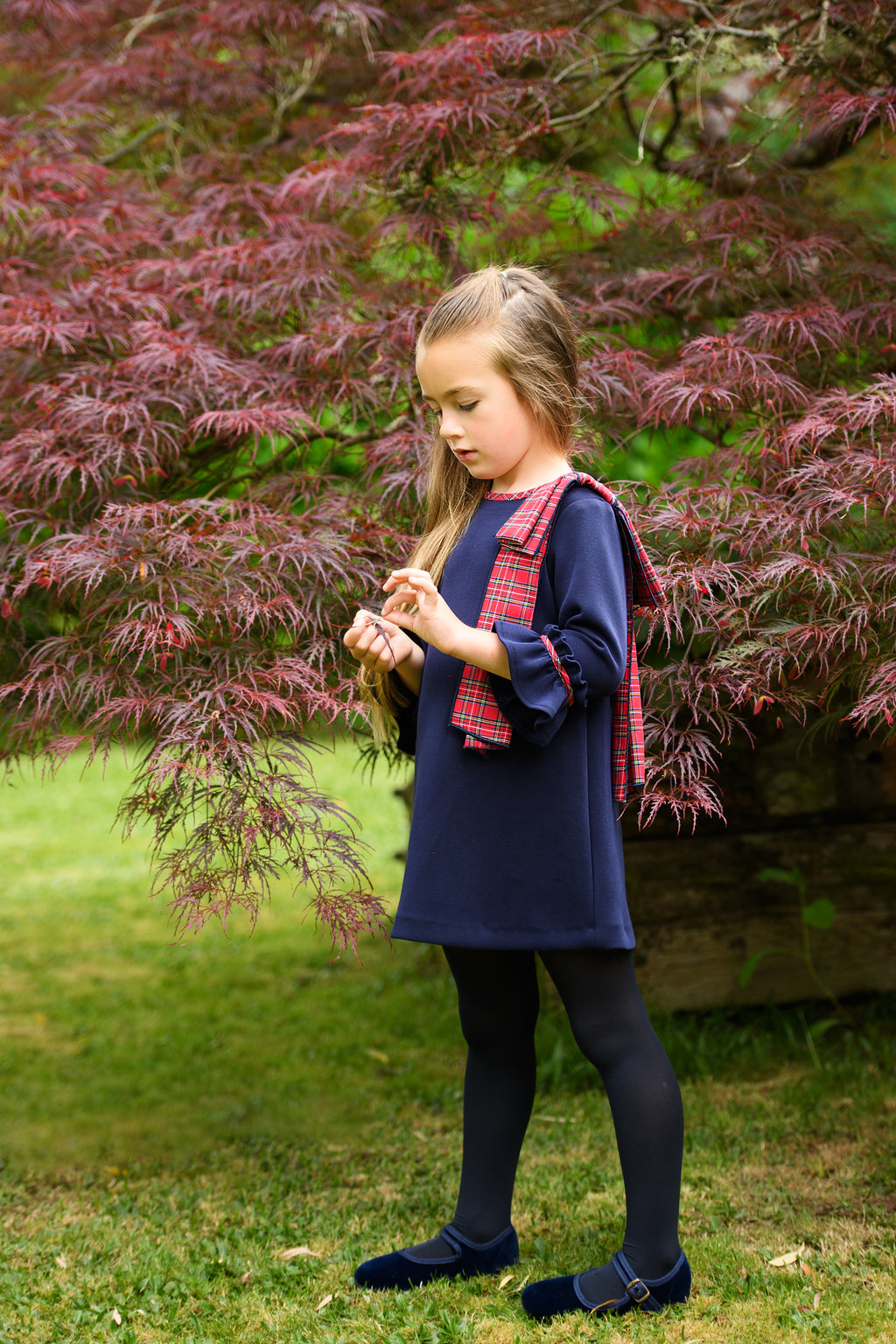 AW25 FOQUE Galletas Girls Navy Tartan A-Line Dress