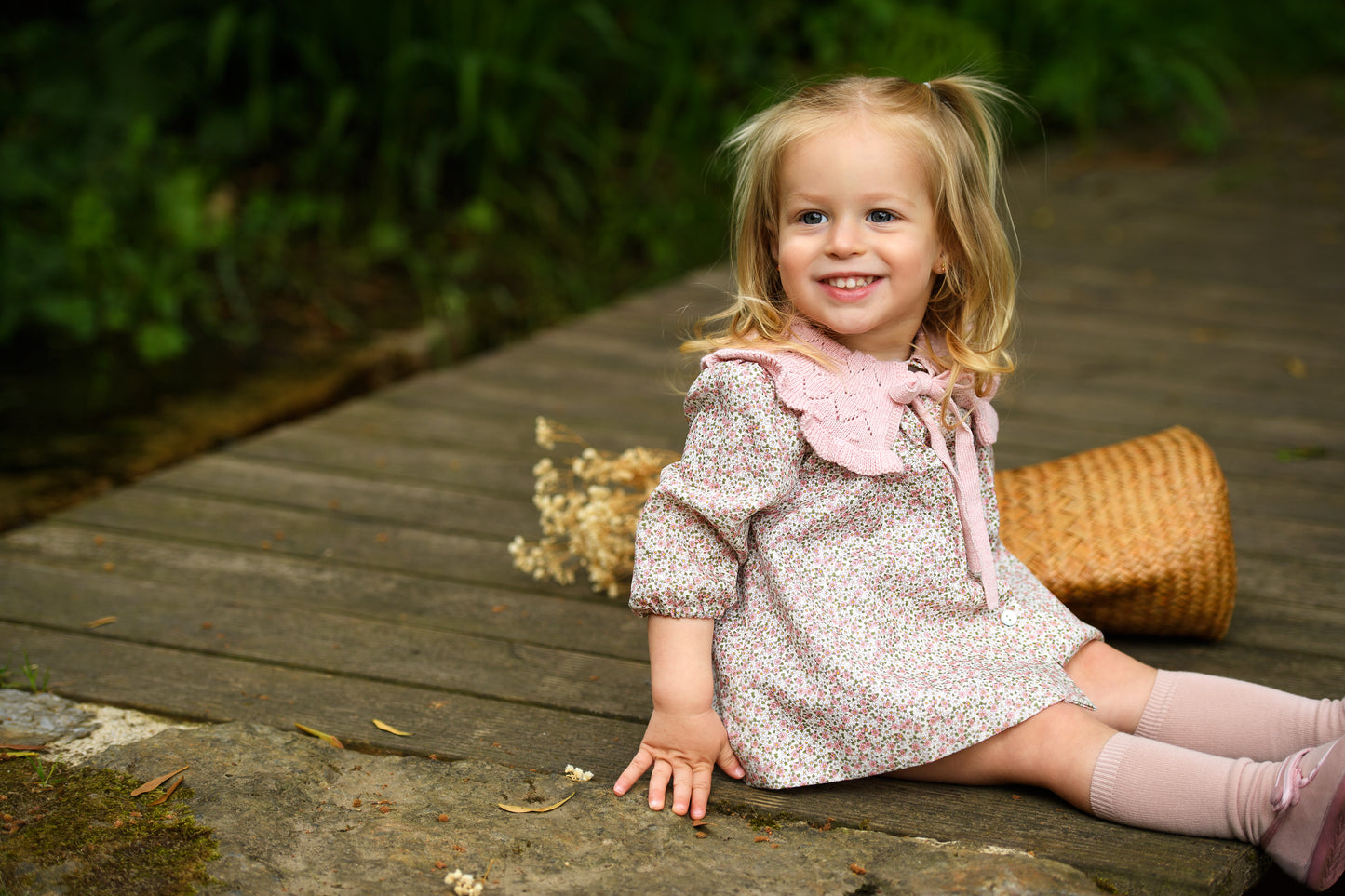 AW25 FOQUE Ladera Girls Pink Floral Dress & Knickers with Knitted Shawl Collar