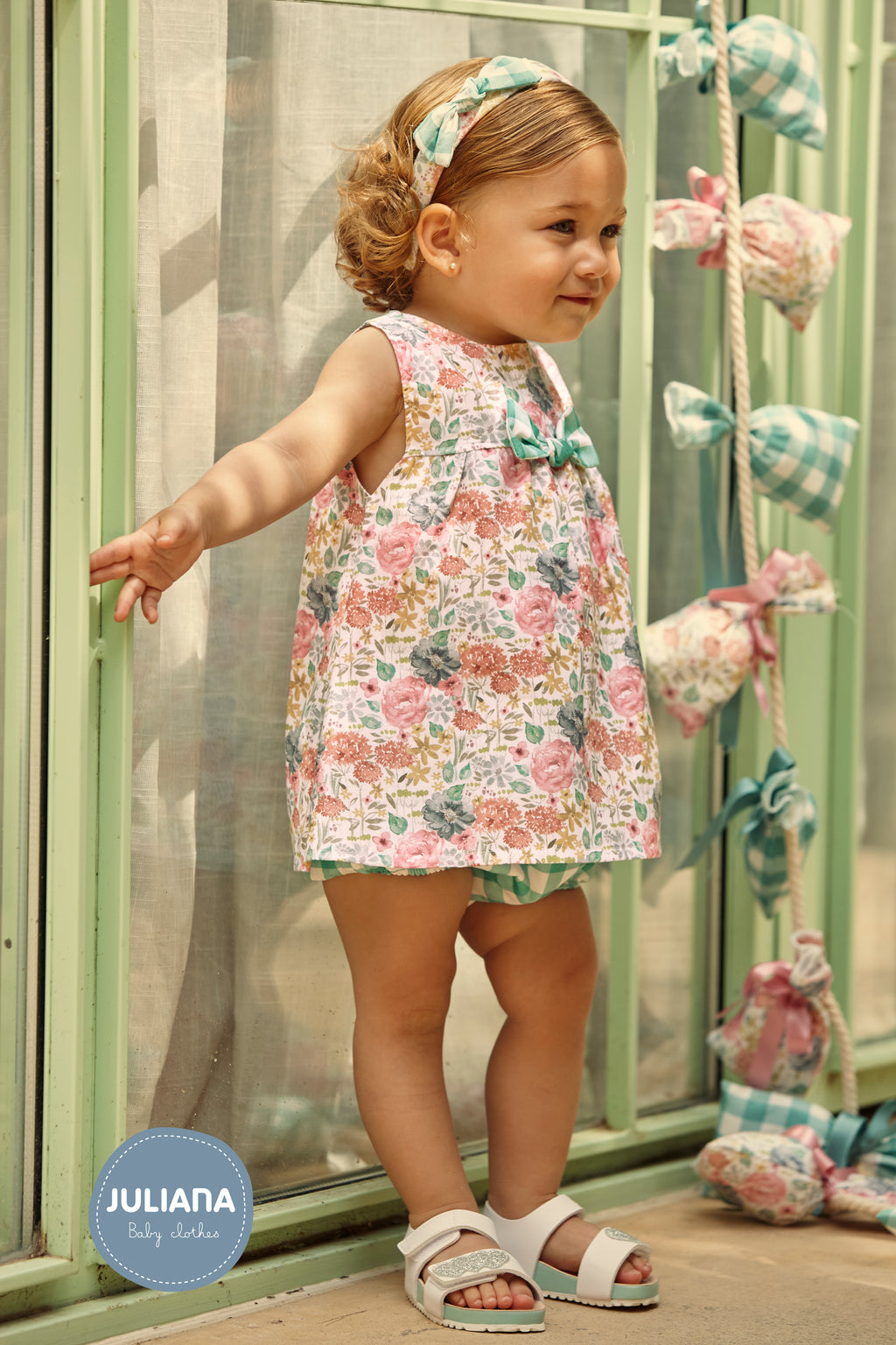 JULIANA Azucar Girls Green Floral Dress & Knickers - 26092