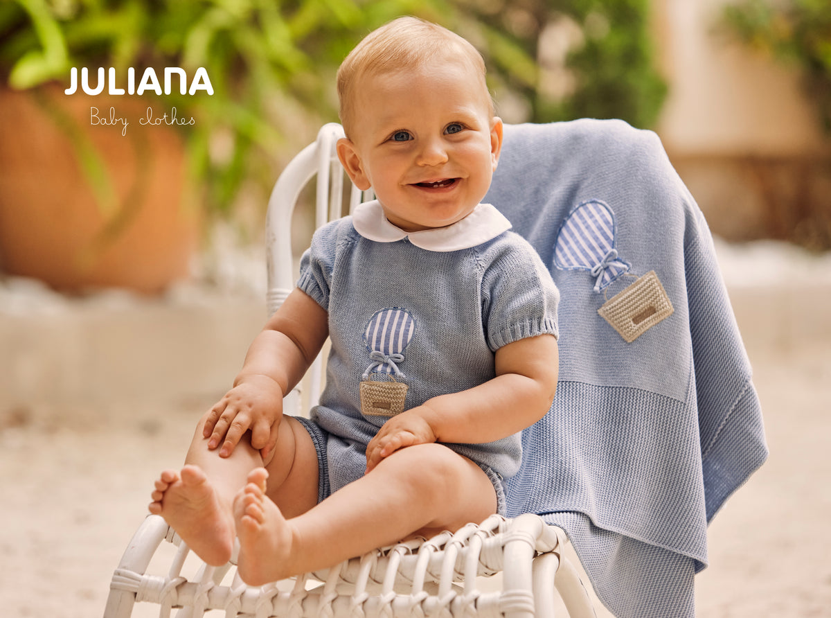 JULIANA Globos Boys Blue Hot Air Balloon Knitted Short Set & Blanket - 26073