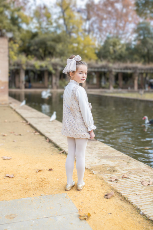 PRE ORDER AW25 NAXOS Camel Tweed Girls Blouse & Pinafore Set - 7642