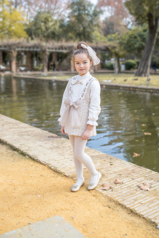 PRE ORDER AW25 NAXOS Camel Tweed Girls Blouse & Pinafore Set - 7642
