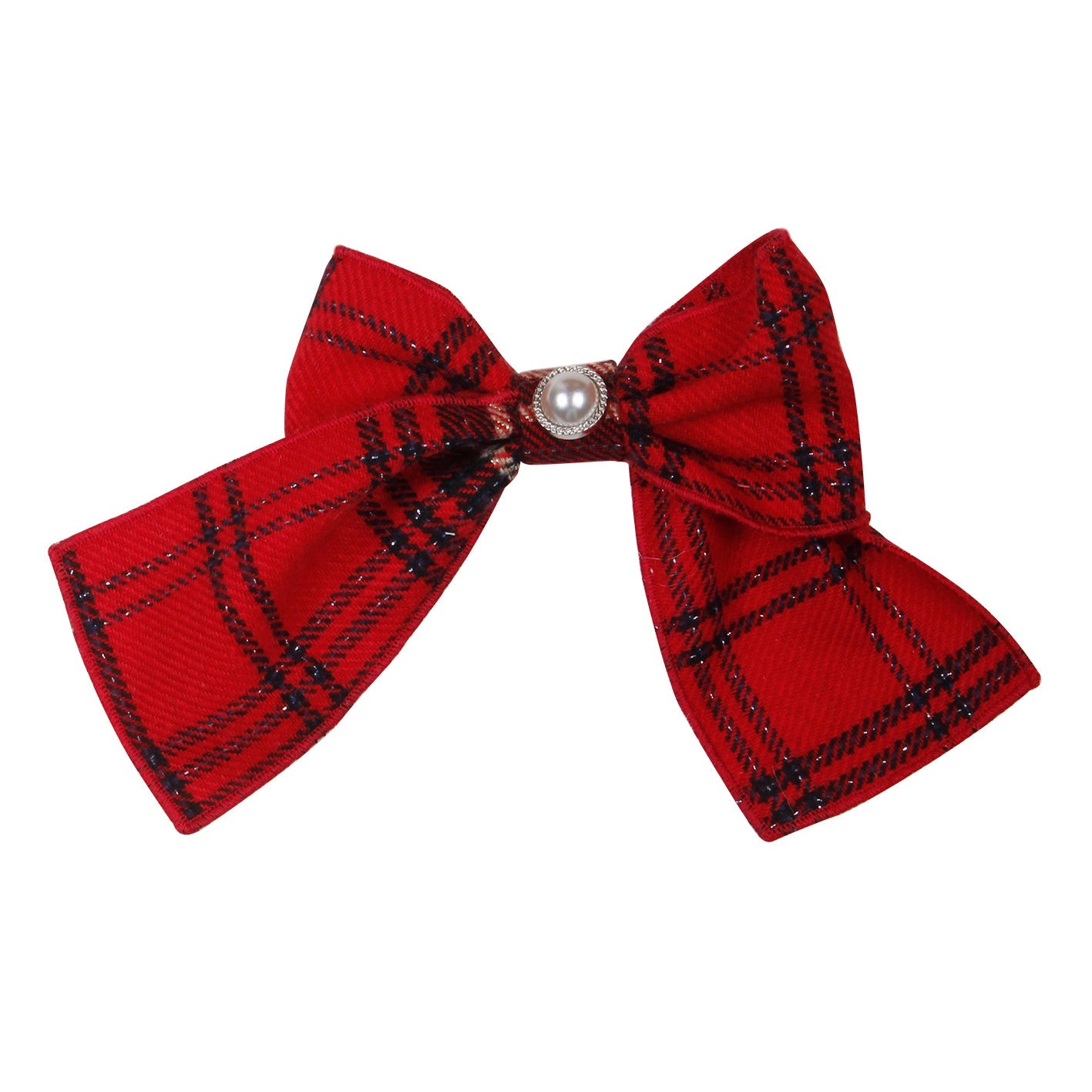 Naxos red tartan girls hair bow with pearl centre and clip fastening