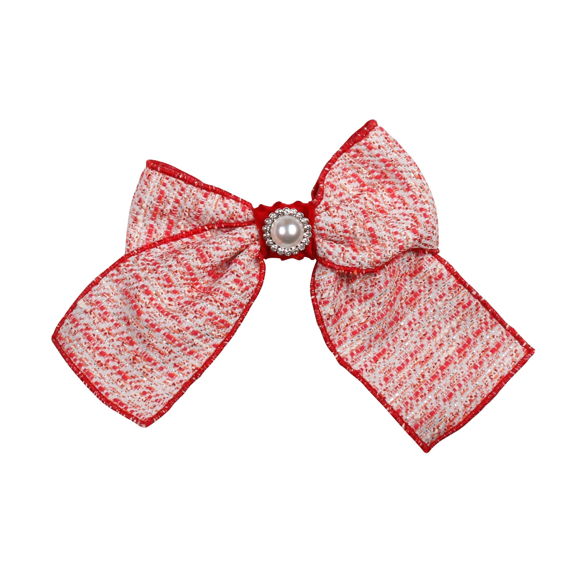 Naxos red tweed hair bow with pearl and jewelled centre