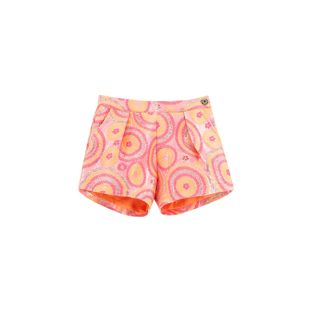 Angel’s Face Laetitia girls pink orange and gold jacquard shorts - front