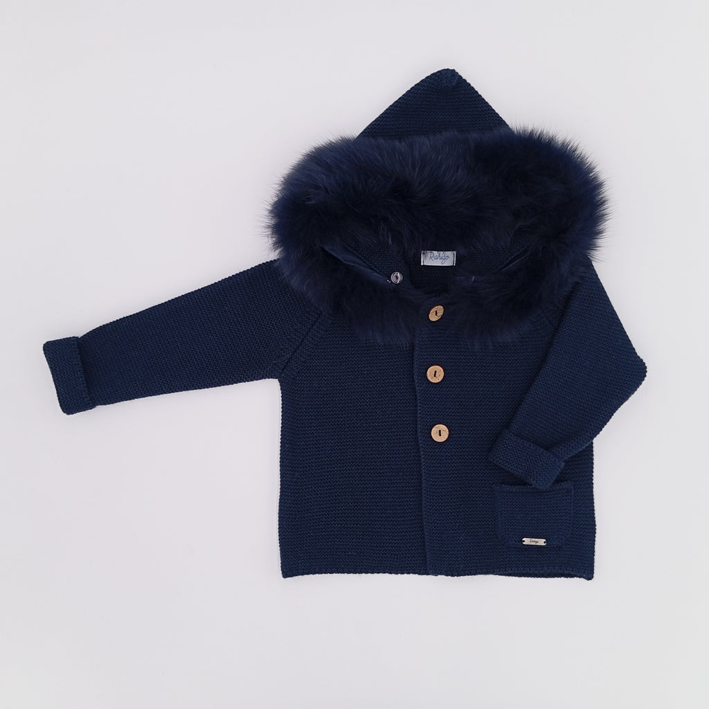 AW25 RAHIGO Navy Knitted Coat with Fur Hood - 252133