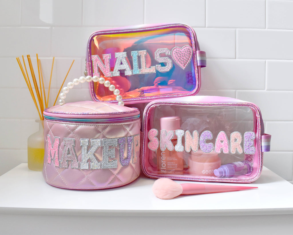 Back view of OMG Accessories Nails iridescent clear pouch