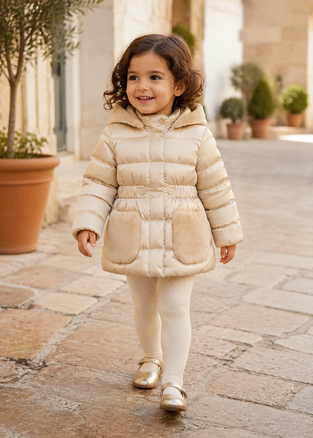 Toddler girl in Spain wearing the Abel & Lula almond cream satin padded coat - 5821