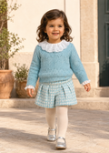 Toddler girl in Spain wearing the complete Abel & Lula aqua short set and jumper - 5712