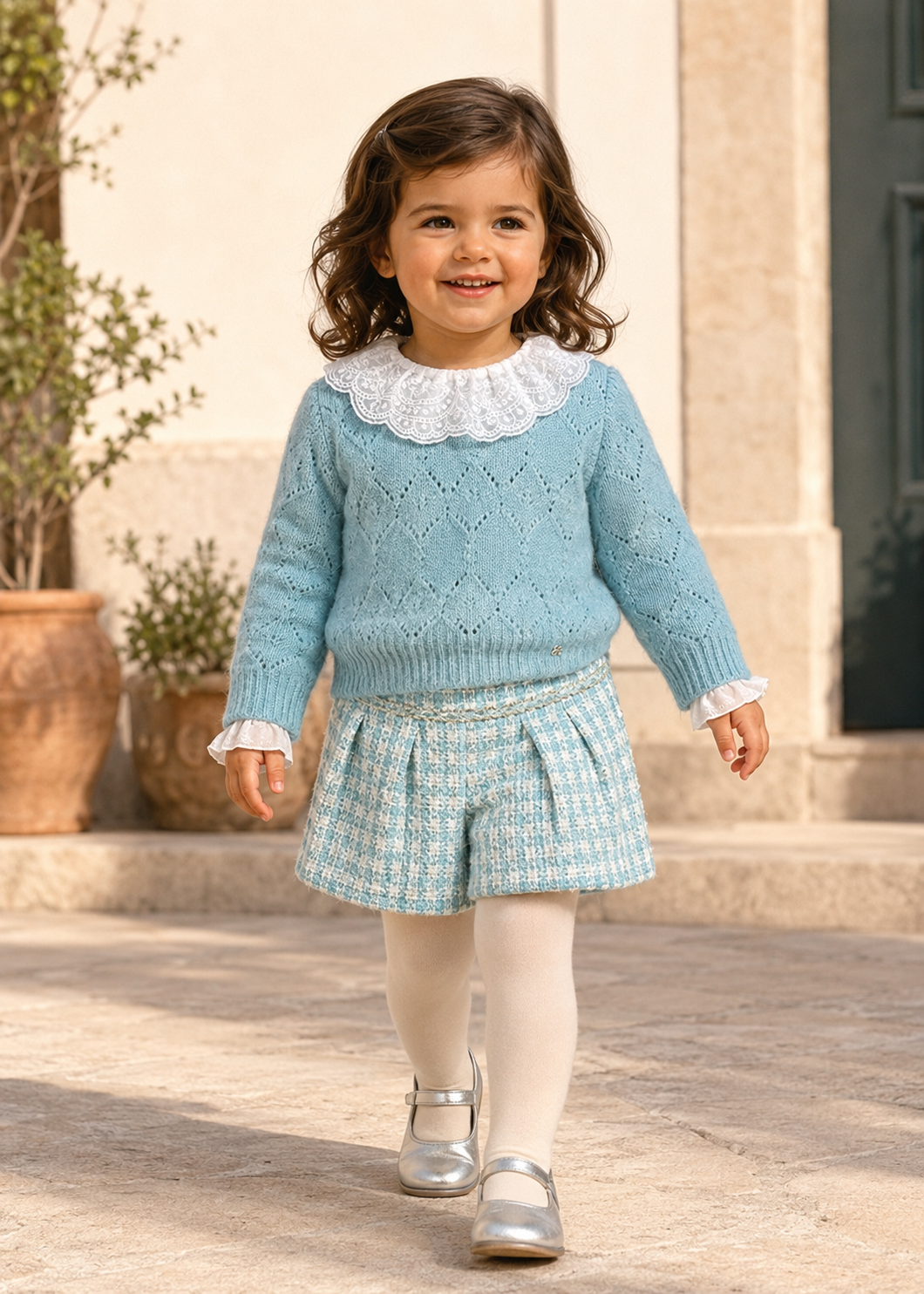 Toddler girl in Spain wearing the complete Abel & Lula aqua short set and jumper - 5712