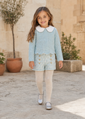 Girl in Spain wearing the Abel & Lula aqua tweed short set and jumper - 5829
