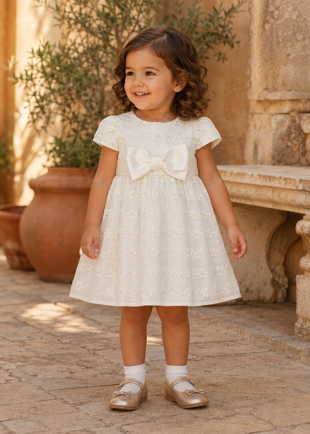 Toddler wearing the Abel & Lula ivory and gold embroidered occasion dress - 5016