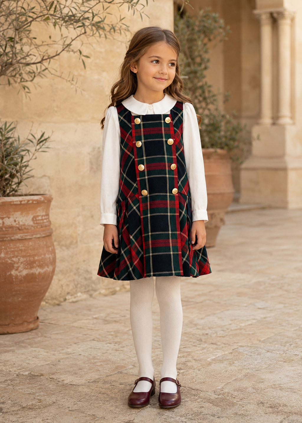 Girl wearing Abel & Lula navy tartan pinafore dress and ivory blouse