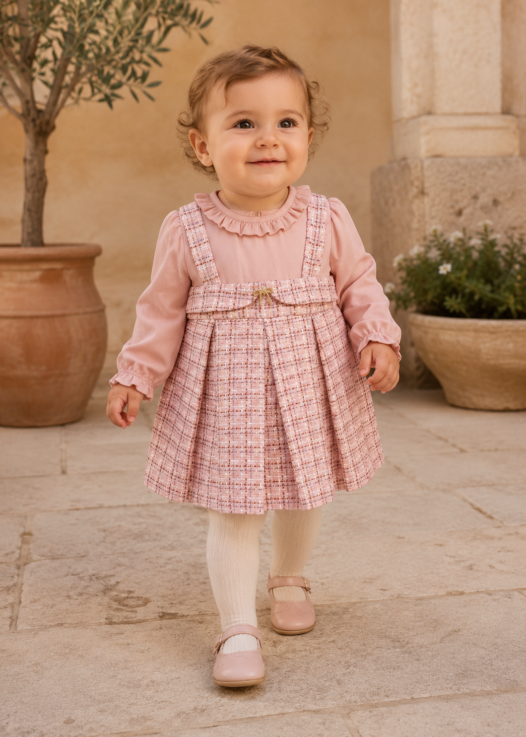 12-month-old baby girl in Spain wearing the Abel & Lula petal pink tweed pinafore dress - 5504