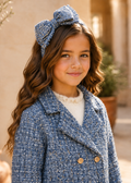 Girl wearing Abel & Lula sky blue tweed bow headband - 5973