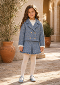 Girl wearing Abel & Lula sky blue tweed jacket and skirt set - 5841