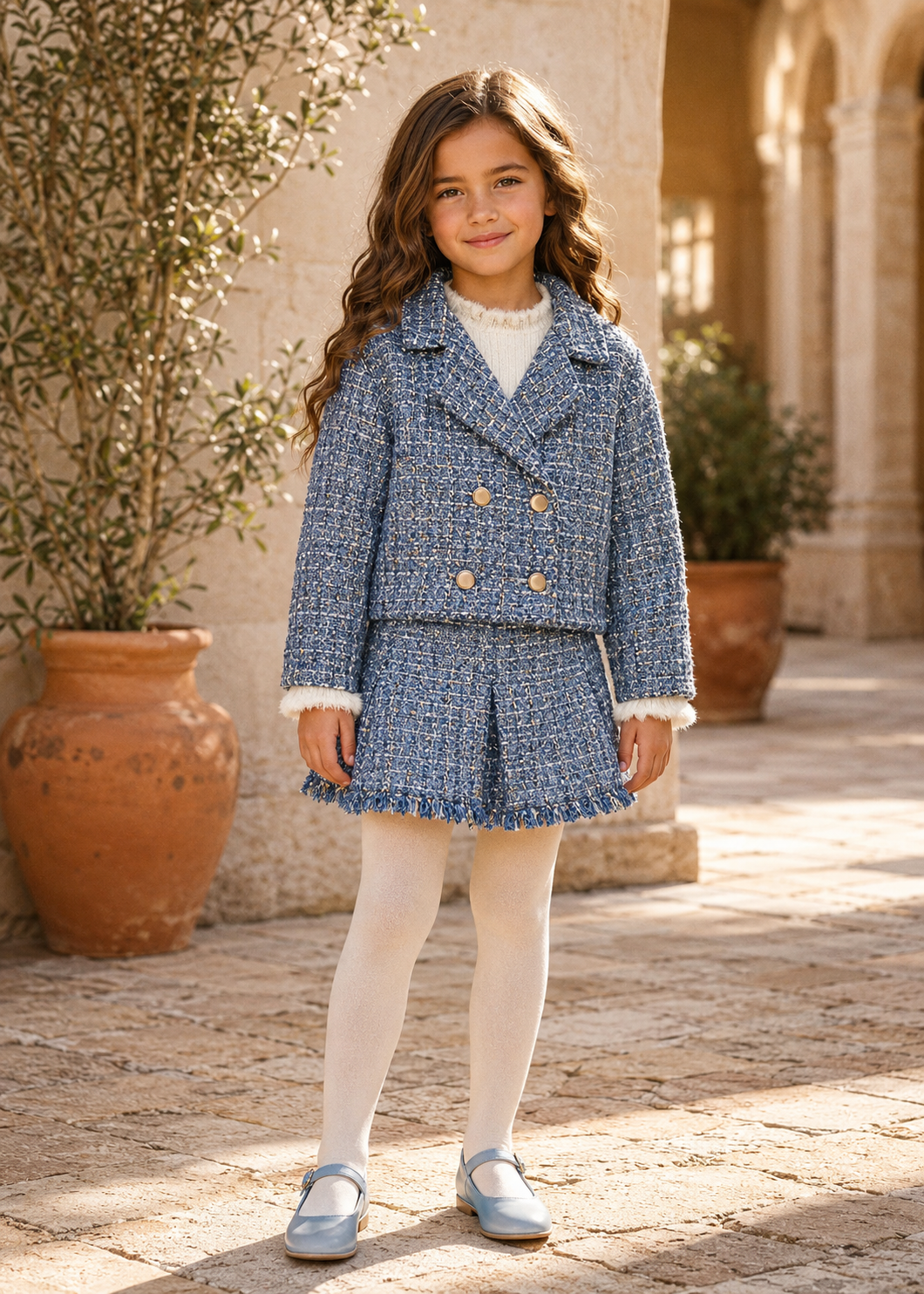 Girl wearing Abel & Lula sky blue tweed jacket and skirt set - 5841
