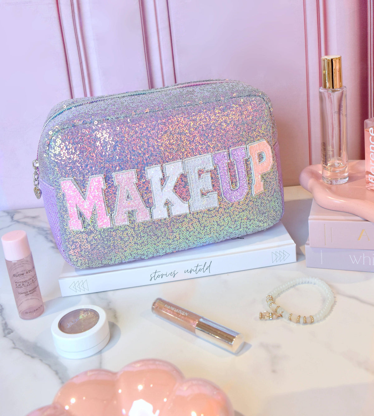 Back view of OMG Accessories Makeup lavender sequin pouch