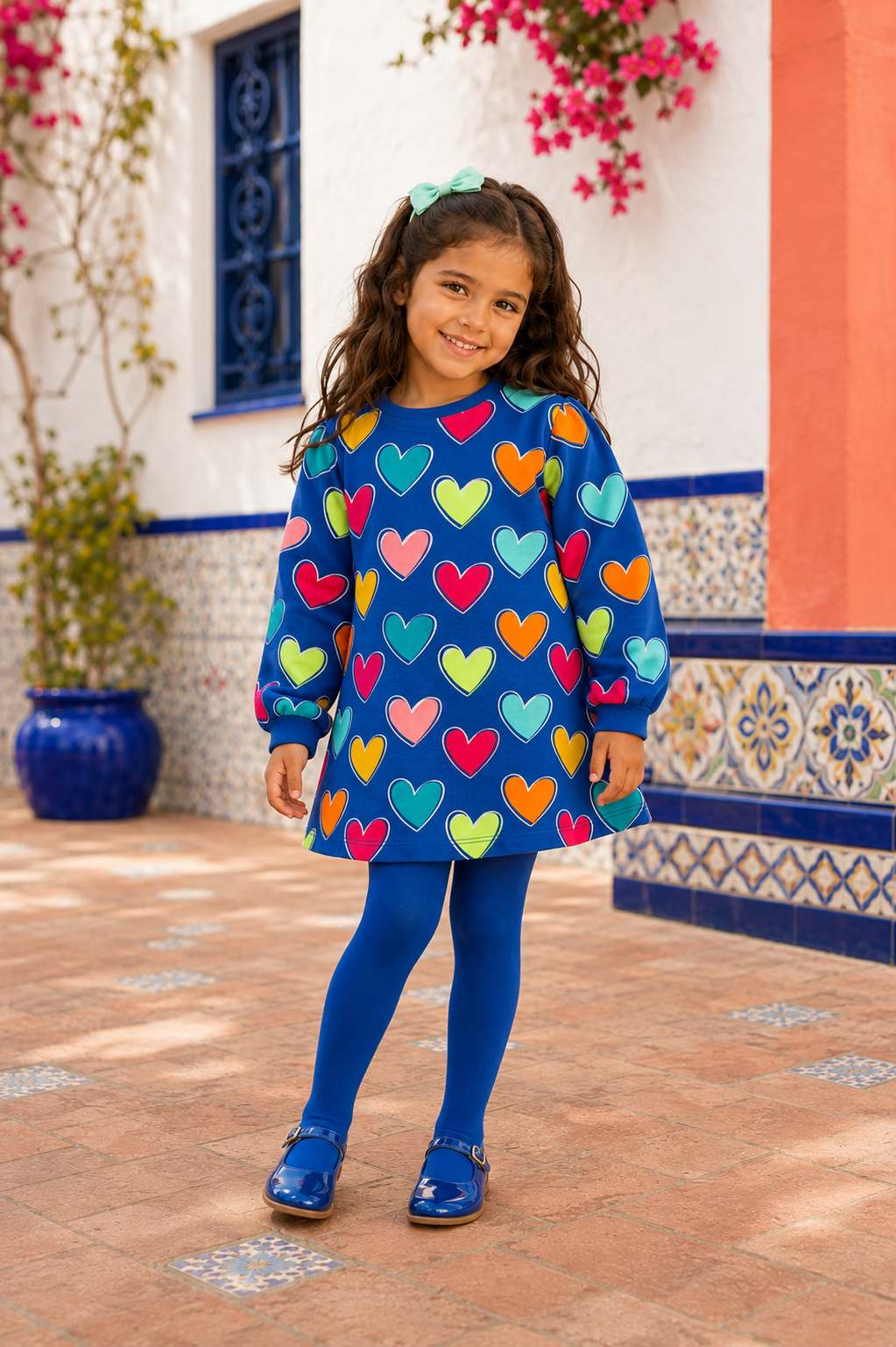 Spanish girl wearing the Agatha Ruiz de la Prada electric-blue heart-print dress and matching tights