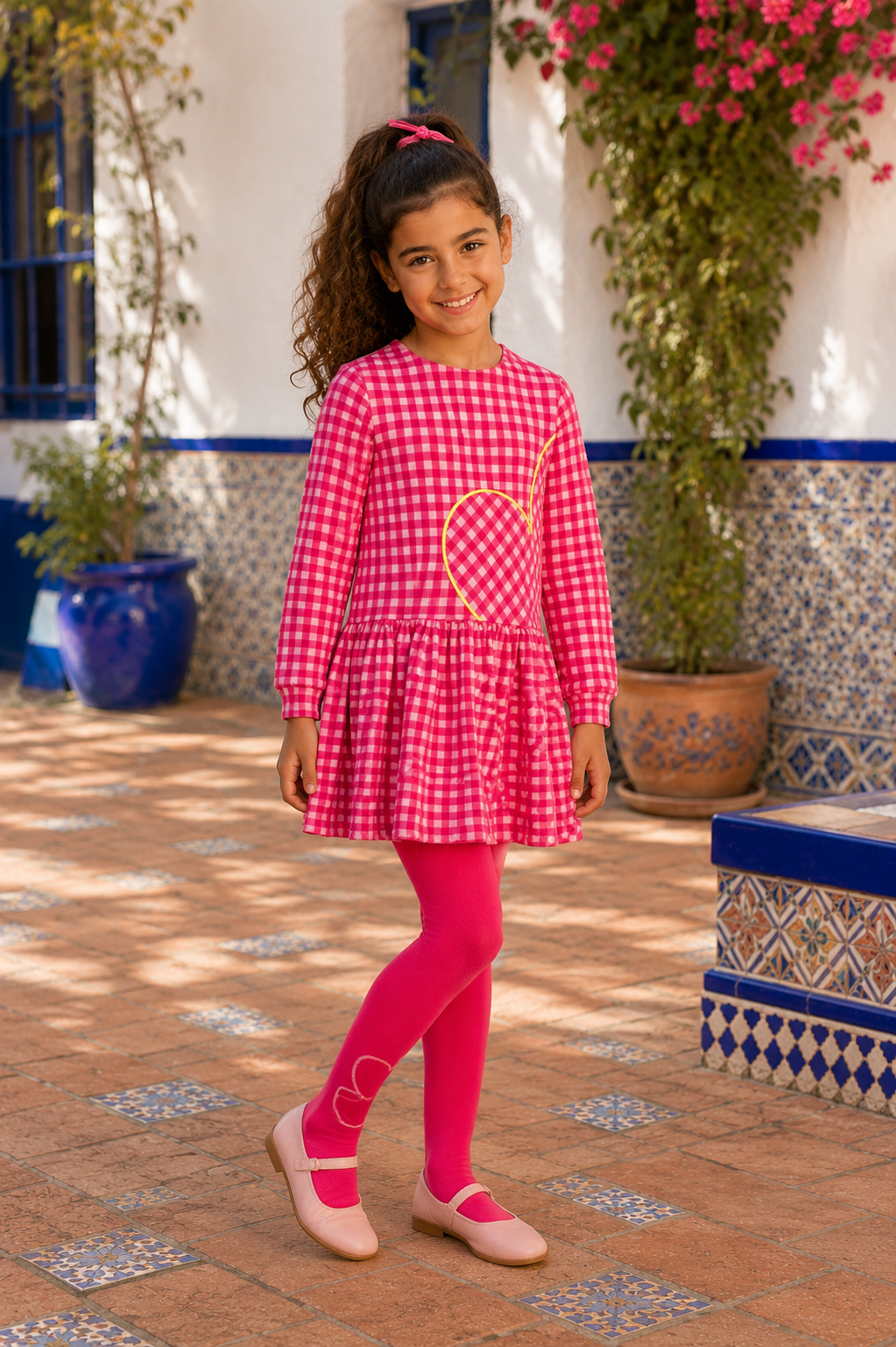 Spanish girl wearing the Agatha Ruiz de la Prada fuchsia check dress and matching tights
