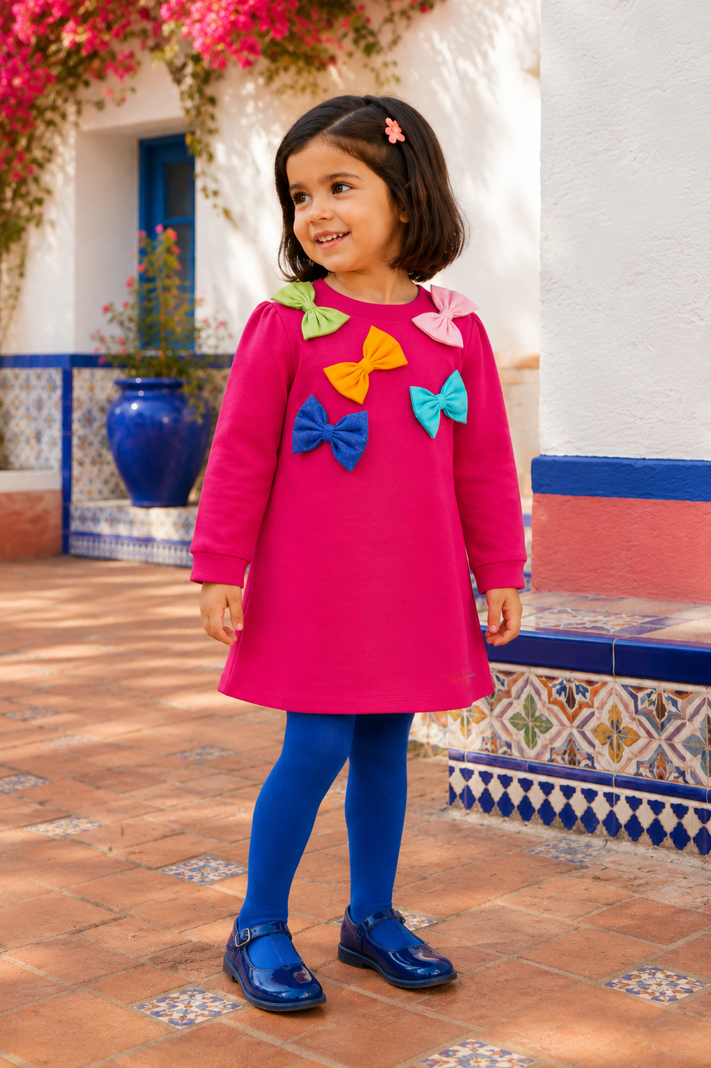 Spanish girl wearing the Agatha Ruiz de la Prada fuchsia bow dress with royal-blue tights