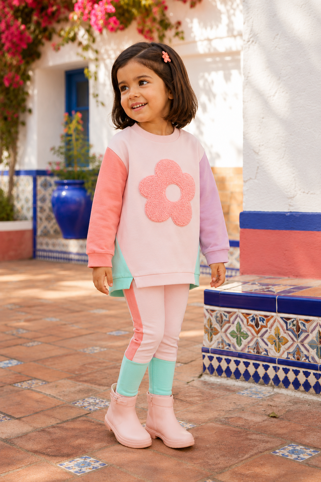 Spanish girl wearing the Agatha Ruiz de la Prada pink colour-block flower legging set