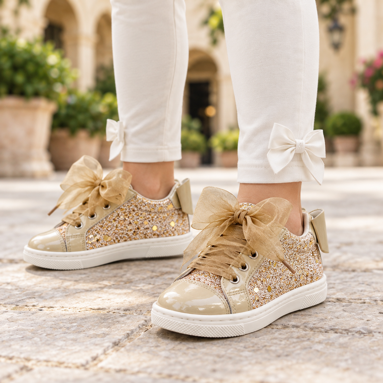 Close view of Andanines beige pearl glitter trainers styled with ivory bow leggings