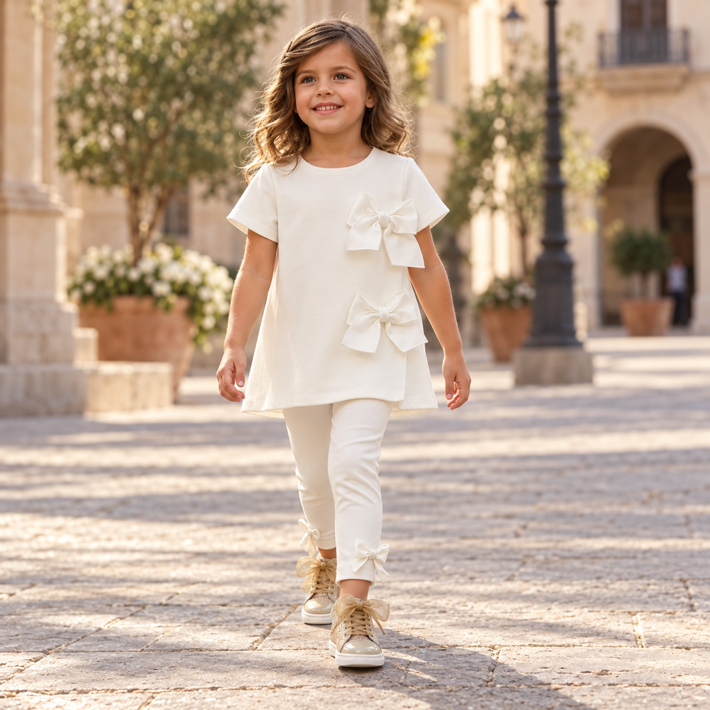 Girl wearing Andanines beige pearl glitter trainers with an ivory bow tunic and leggings