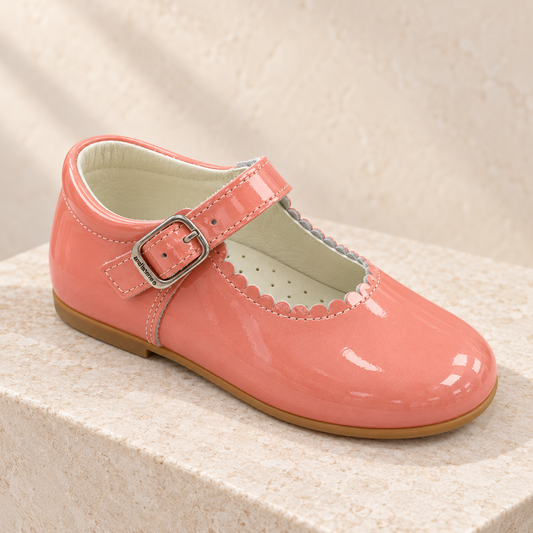 Andanines coral pearl patent leather girls Mary Jane shoes with scalloped trim and buckle strap