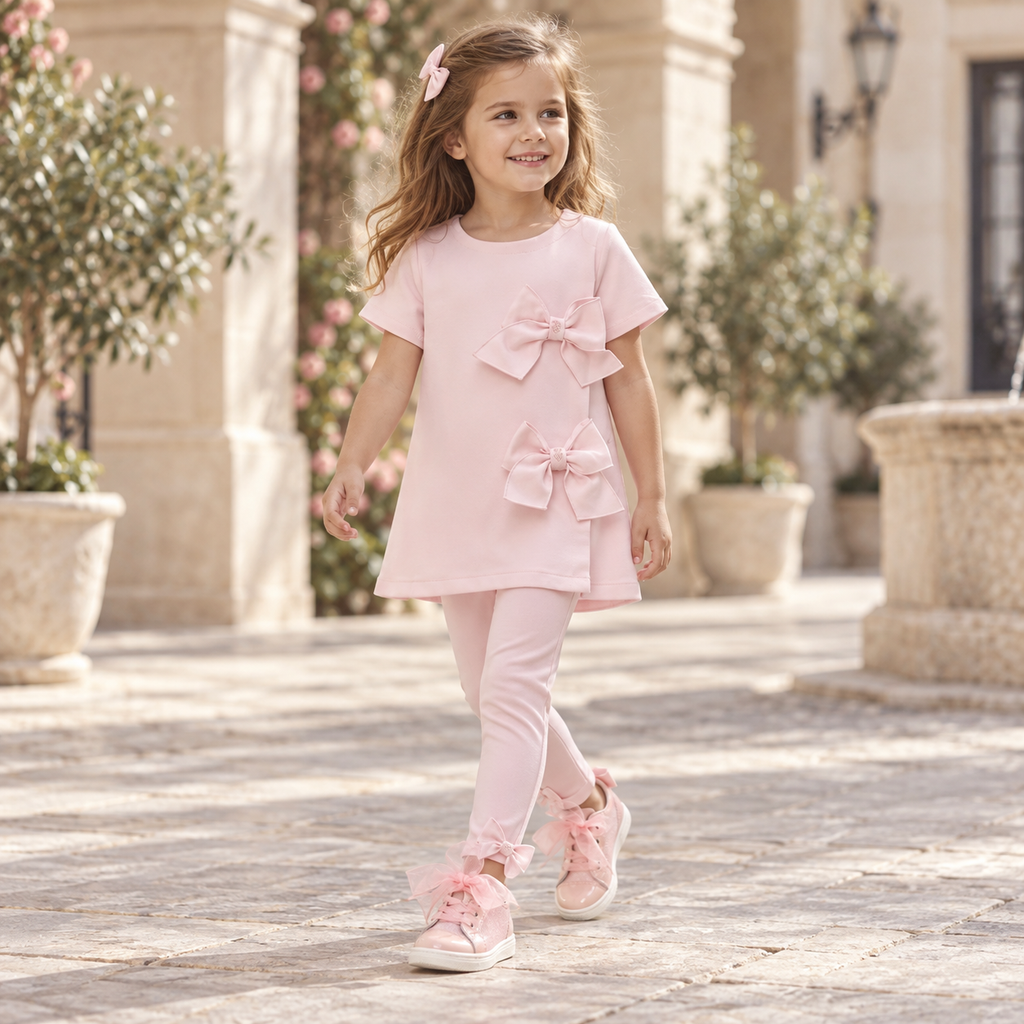 Girl wearing Andanines pink patent glitter trainers with a matching pink bow outfit