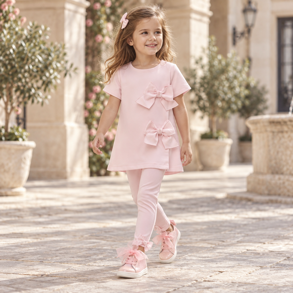 Girl wearing Andanines pink patent glitter trainers with a matching pink bow outfit