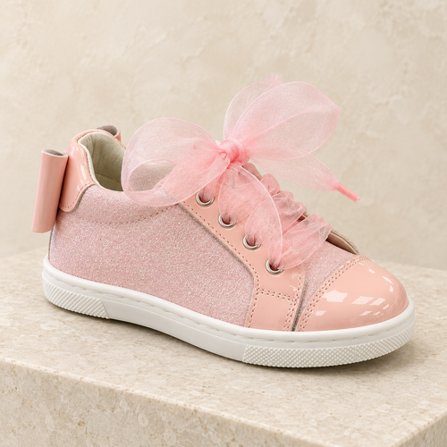 Andanines girls pink patent leather glitter trainers with pink tulle laces and heel bow