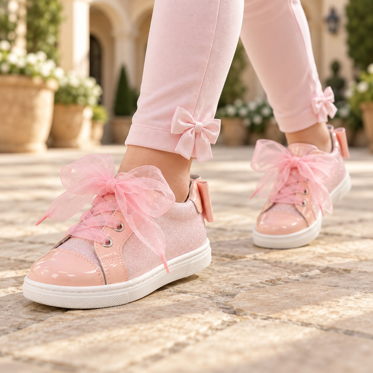 Close view of Andanines pink patent glitter trainers styled with pink bow leggings