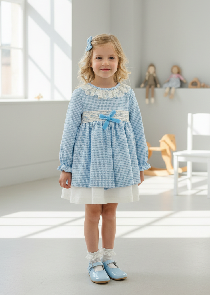 BABINE Blue Dogtooth Girls Dress - Room Background
