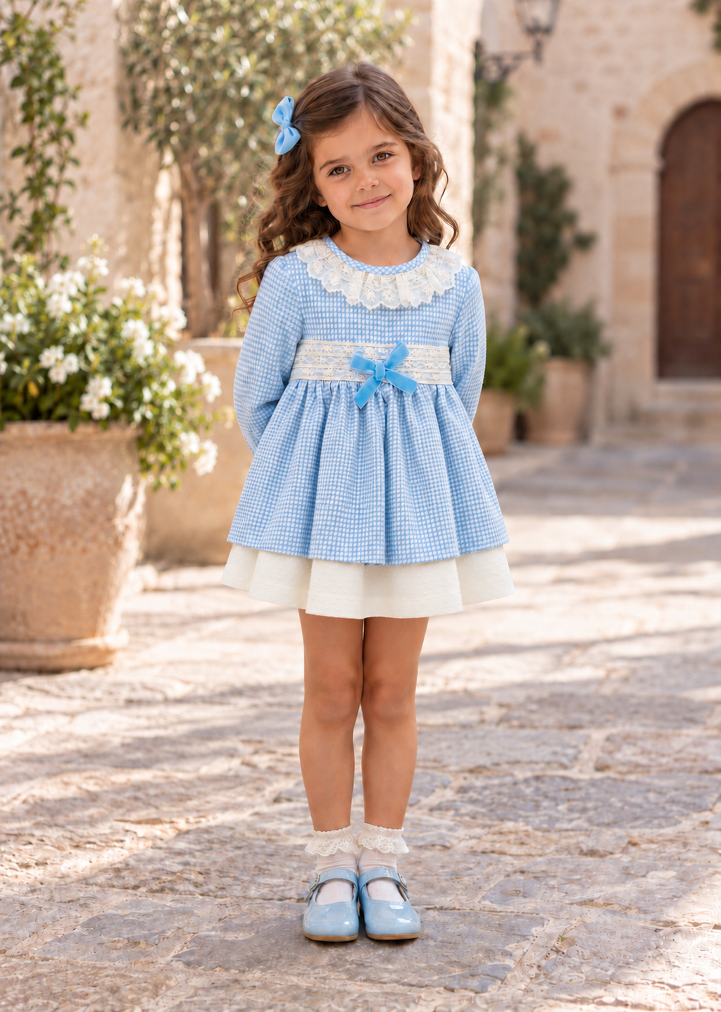Girl wearing the Babine blue dogtooth dress with ivory lace and velvet bow in Spain