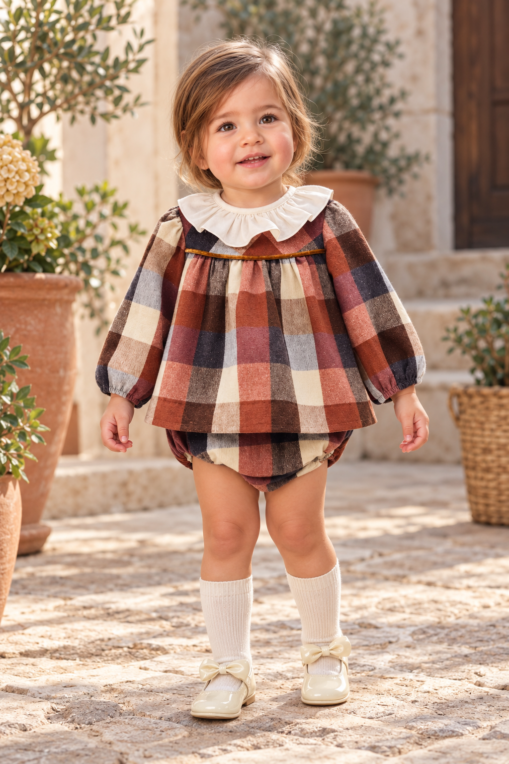 Baby girl wearing the Babine Calabaza camel and brown check dress and knickers in a Spanish courtyard