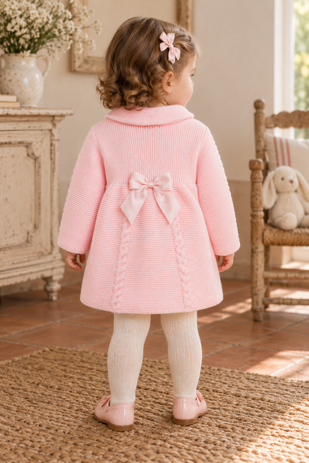Baby girl wearing the Babine Canastilla pink knitted pram coat, back view with satin bow