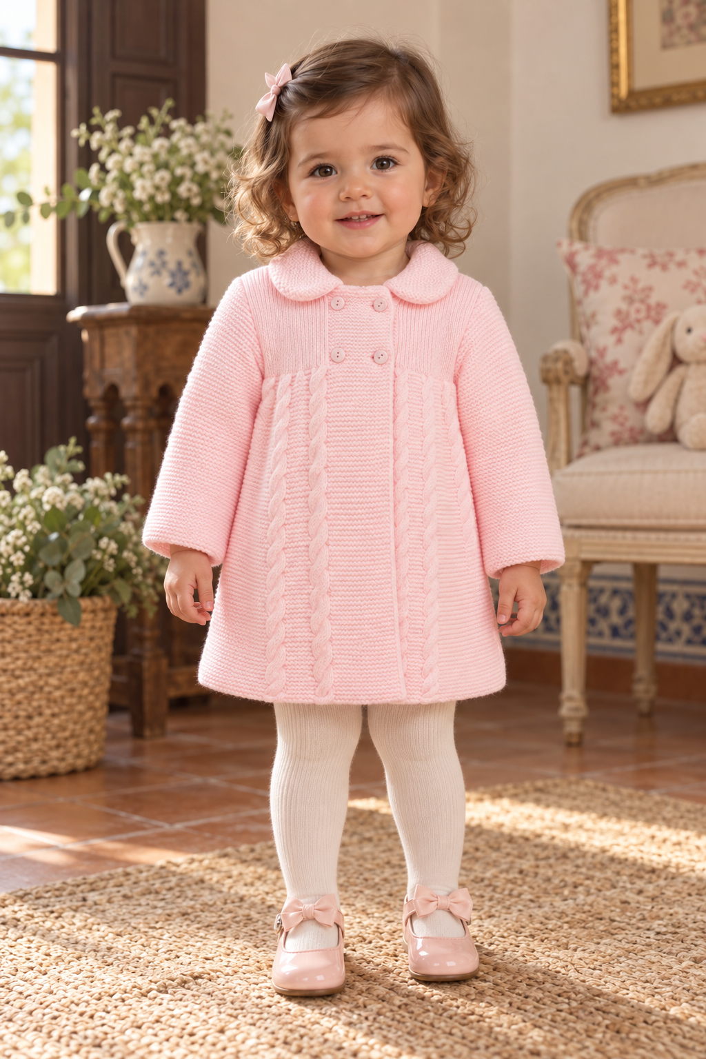 Baby girl wearing the Babine Canastilla pink knitted pram coat, front view