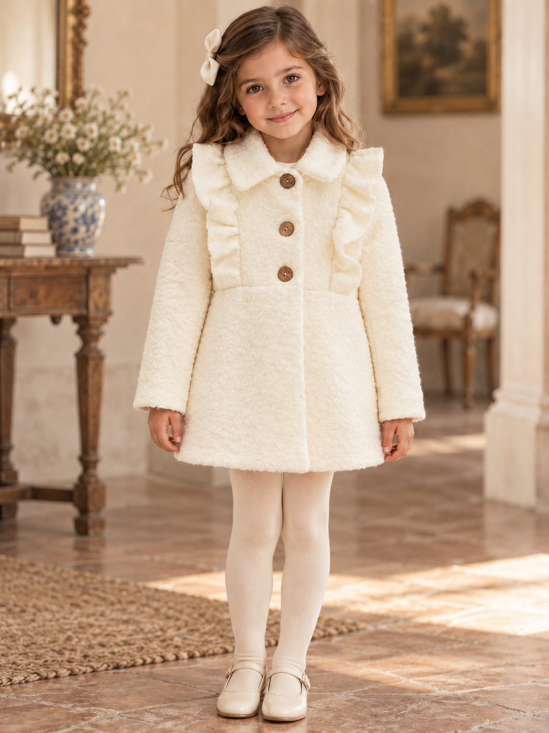 Girl wearing the Babine ivory boucle frill coat, styled just above the knee