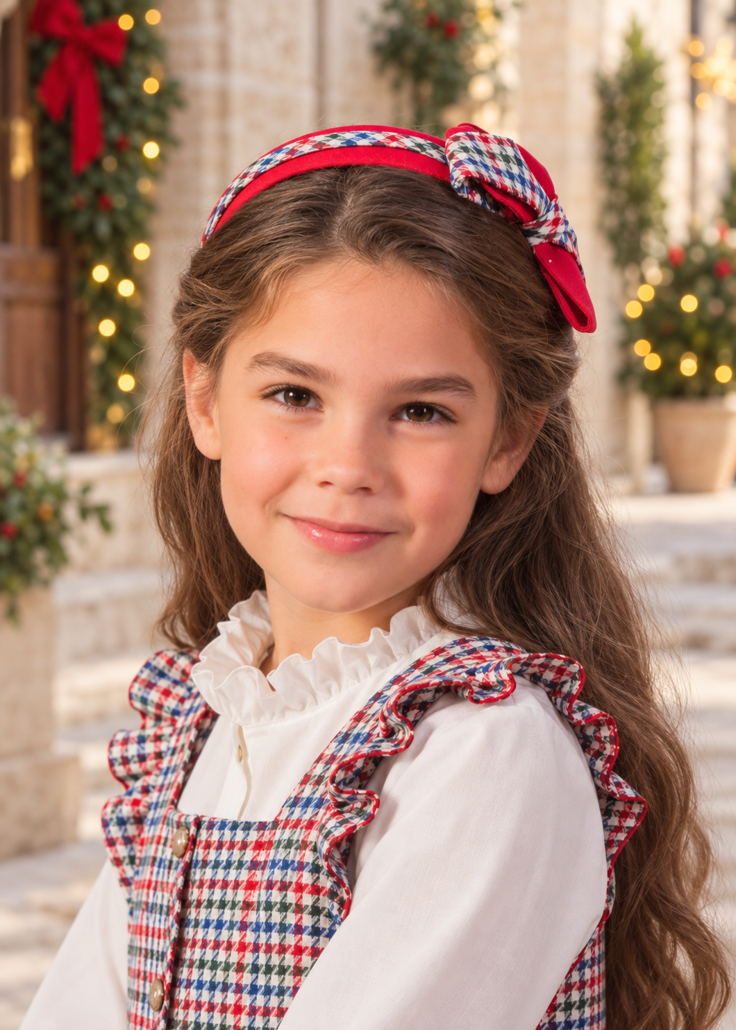 Girl wearing the Babine red check bow headband in a festive Spanish setting