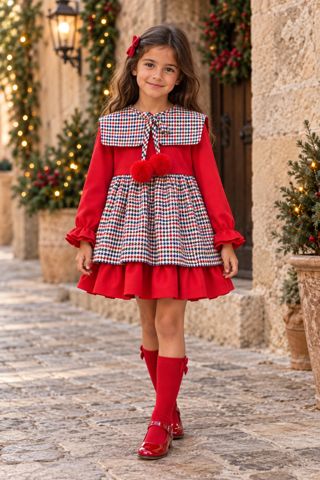 Girl wearing the Babine red check puffball dress in a festive Spanish street