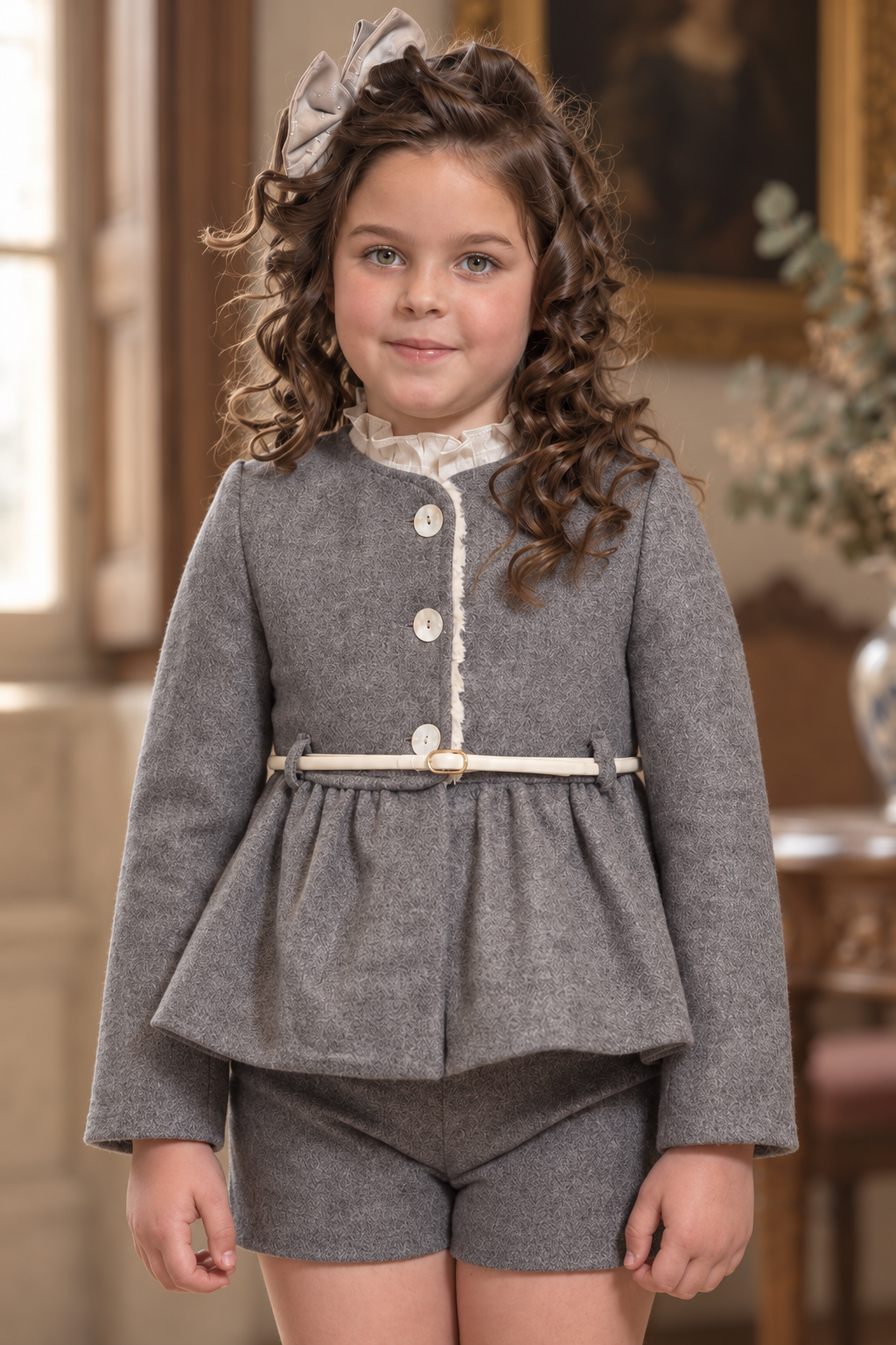Girl wearing the Babine Versailles grey peplum jacket with cream belt