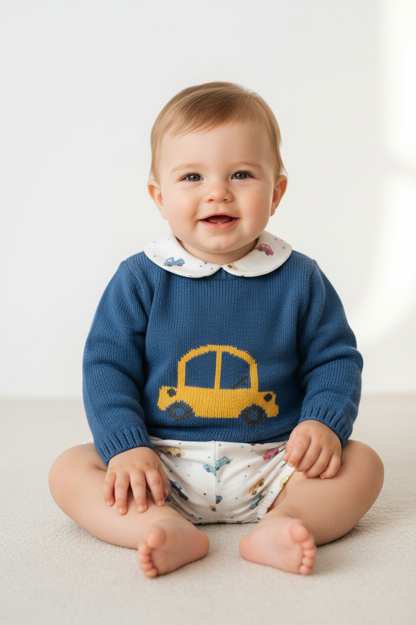 Baby boy in blue car knit set