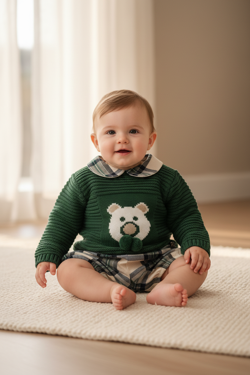 Baby boy in green teddy bear knit and tartan bloomers