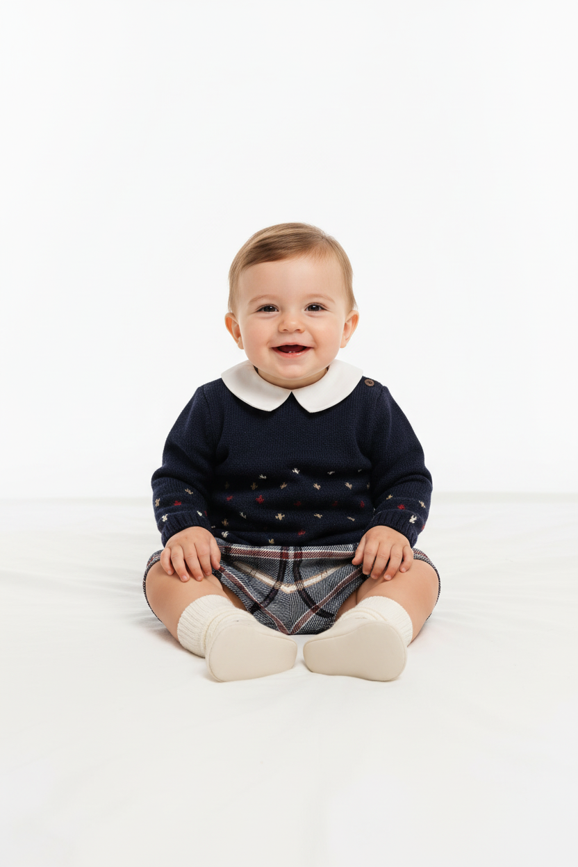 Baby boy in navy knit and tartan outfit