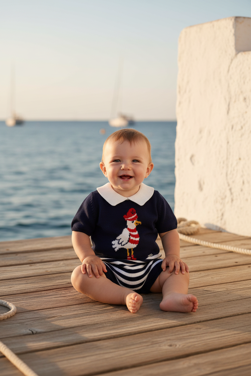 FOQUE Nico Boys Navy Stripe Knitted Romper